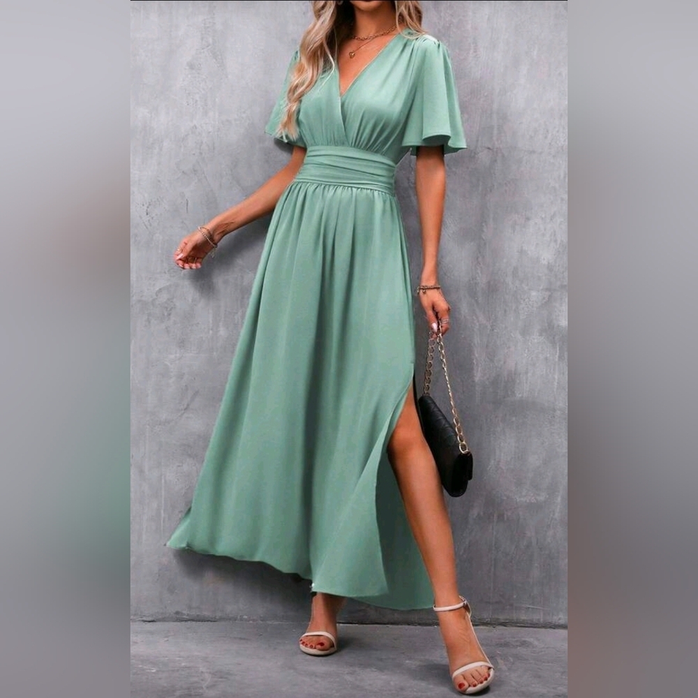 * NEW Chic Ruched Waist Flutter Sleeve Maxi Dress Light Green - Picture 2 of 9